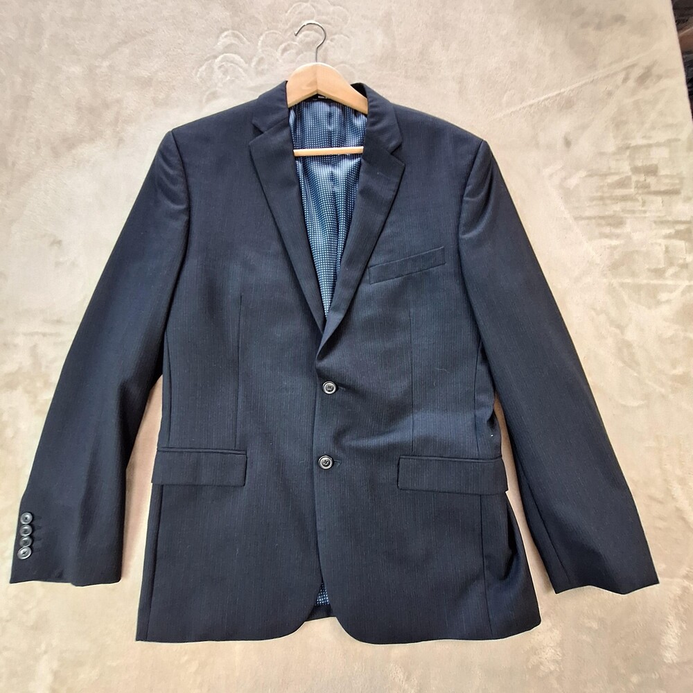 Egara Suit Jacket Mens 44 Regular Blue Wool Stripe Double Vent 2 Button Slim
